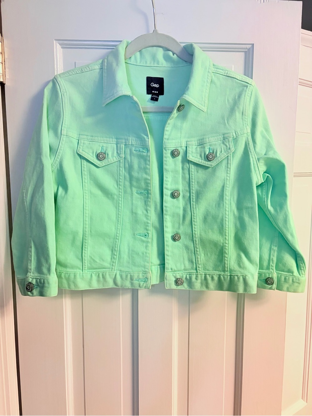 GAP Mint Green Cropped Denim Jacket - 3/4 Sleeve Ultrasoft Stretch